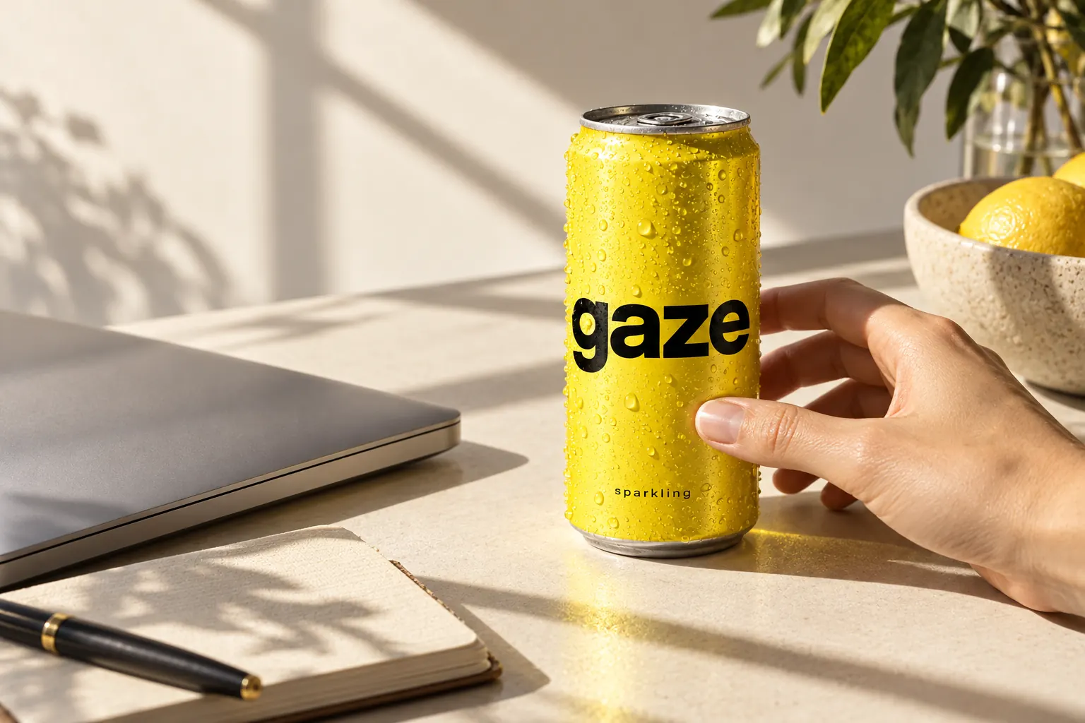 AI 광고 캐러셀 1장: 오후 햇살이 드는 책상, 닫힌 노트북 옆에서 노란 GAZE 탄산 캔을 잡는 손