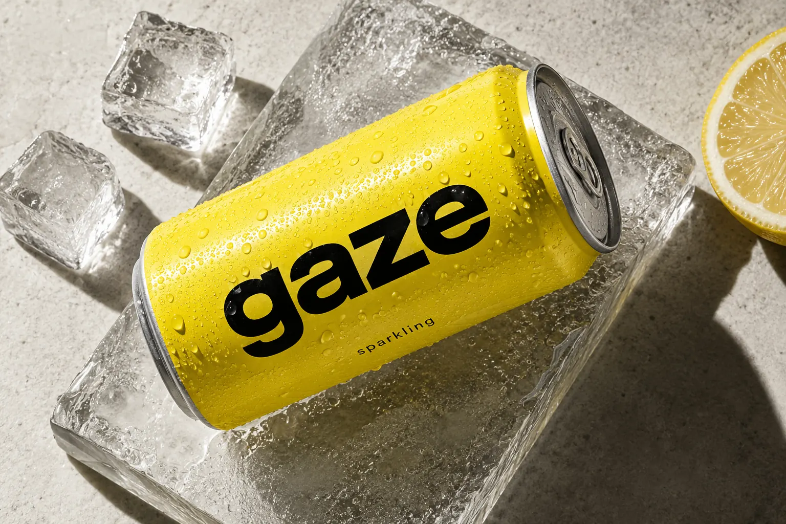 AI 광고 캐러셀 2장: 얼음과 레몬 사이, 물방울이 맺힌 GAZE 탄산 캔